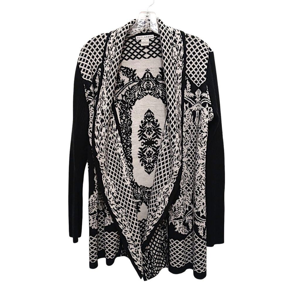 Outlander Exotic Open Cardigan Sweater Sz L Black White Office Luxury Royal
